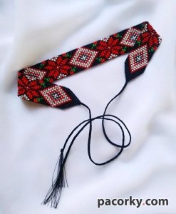 Стрічковий гердан в червоно-чорних кольорах, в українському стилі, на зав'язках